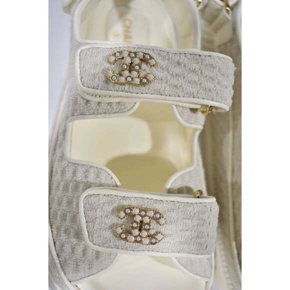 Chanel 22S Ivory White Knit CC Logo Mule Slide Strap Flat Dad Teva Sandal 36.5 - Picture 4 of 11